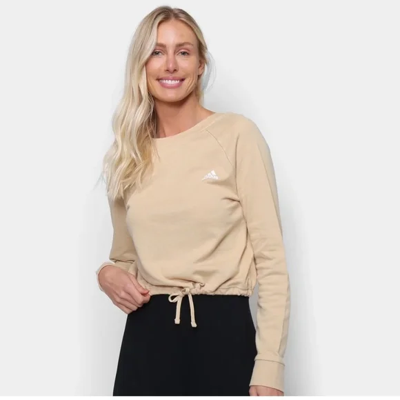 Adidas Women’s Medium Essentials Tan/Beige Crop Low Back Sweatshirt - Picture 1 of 5
